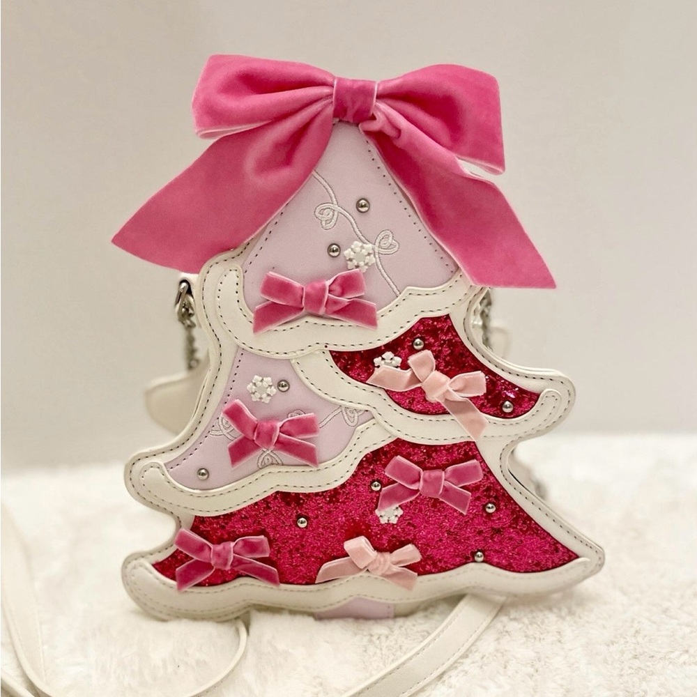 Betsey Johnson Kitsch Pink Christmas Tree Coquette Bow Glitter Crossbody Bag